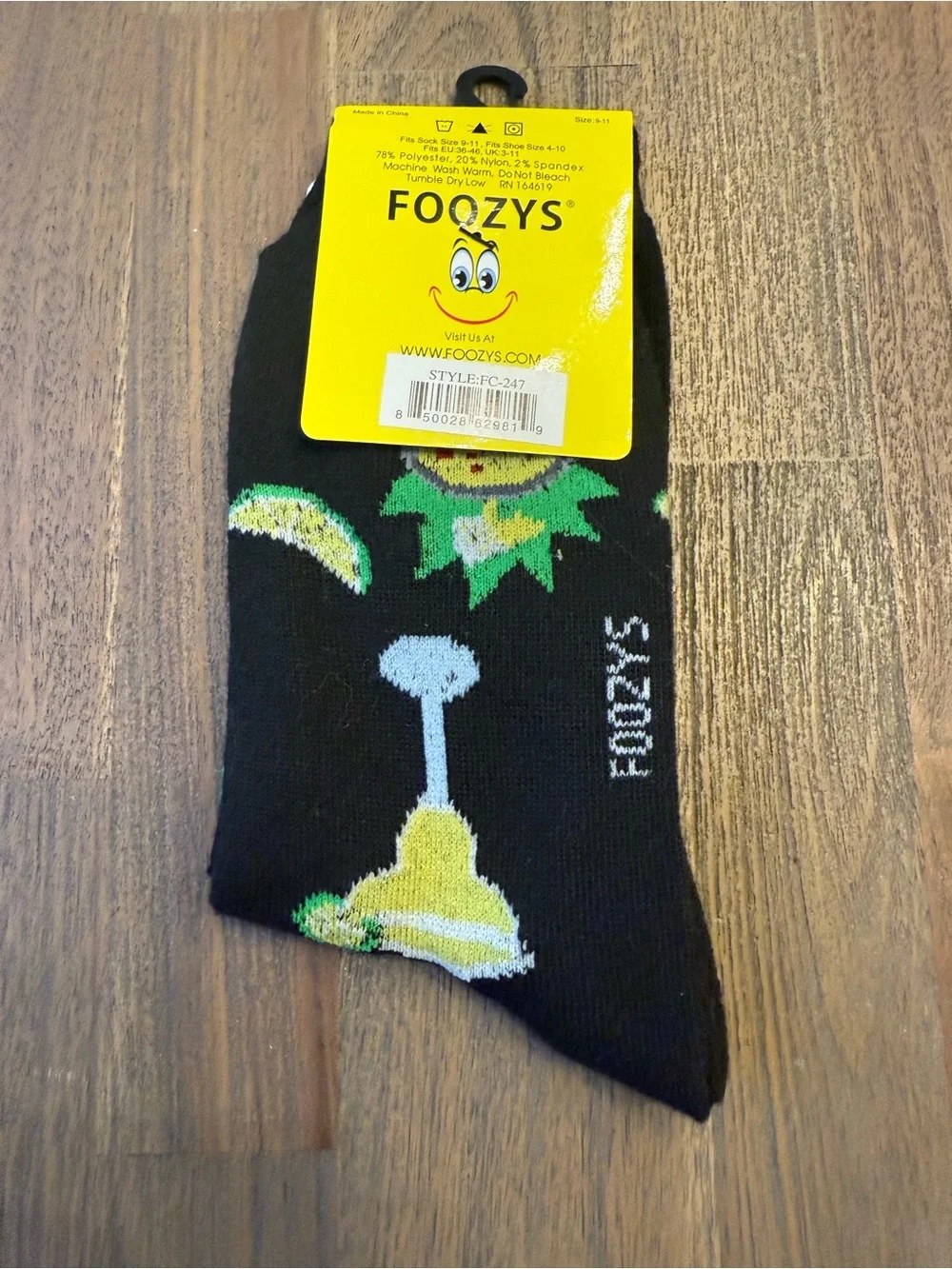 Foozys Fun Cocktail Socks Black Martini Lime Novelty Socks Size 9-11 NWT